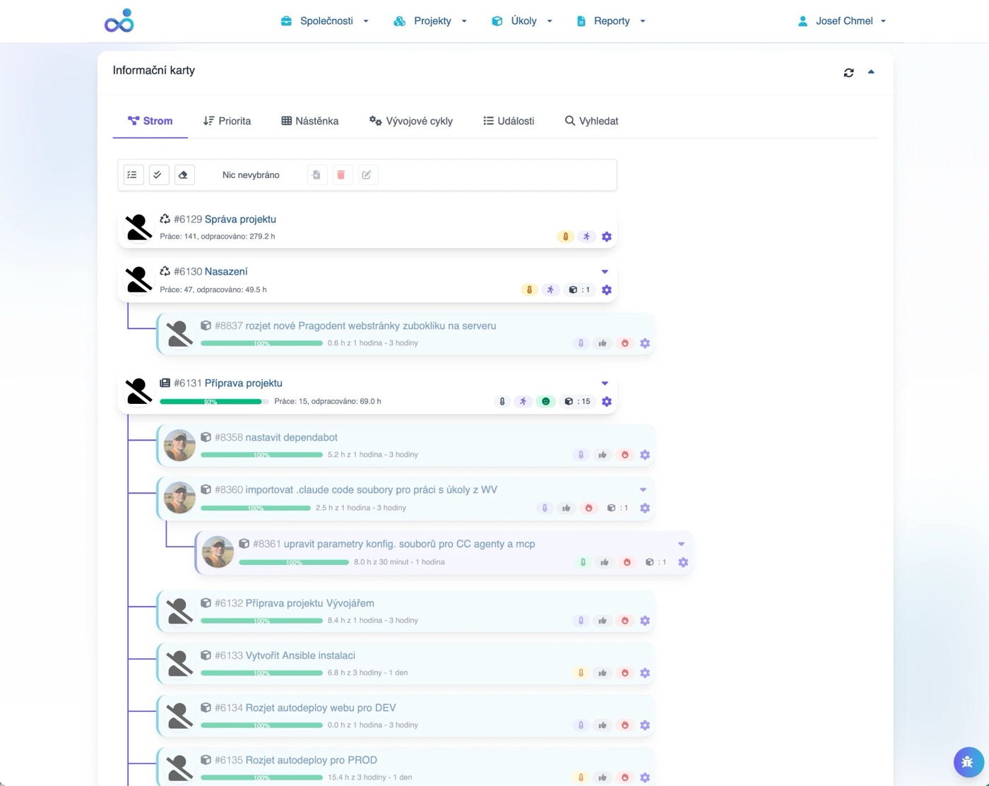 Task tree: stories and tasks underneath, who is working on what